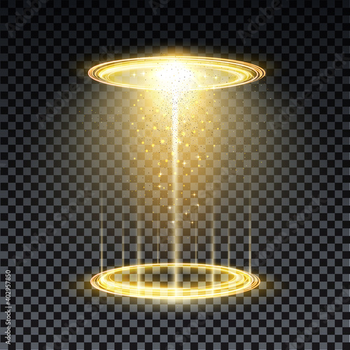 Gold hologram portal. Magic fantasy portal. Magic circle teleport podium with hologram effect. Vector gold glow rays with sparks on transparent background.