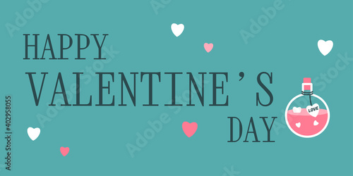 Banner Happy Valentine's Day, 14 February. Vector illustration with text, hearts, lettering, bottle. Suitable for social media posts, mobile apps, banners and online ads, marketing material