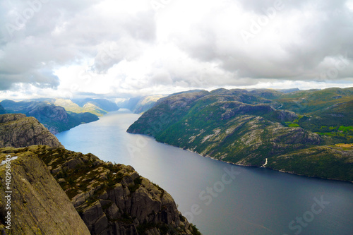 Lysefjord aerial panoramic view from the top of the Preikestolen cliff near Stavanger. Preikestolen or Pulpit Rock is a famous tourist attraction in Norway.