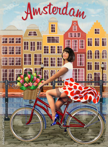 Amsterdam vintage poster.Happy Pin-up girl on a bike with flowers.