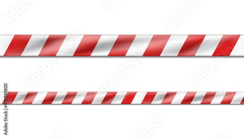 seamless 3d realistic vector hazard white and red striped ribbon, caution tape of warning signs for crime scene or construction area. Isolated on white.