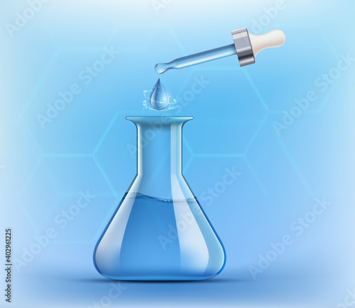 Pipette with a drop. Laboratory test tube with liquid.