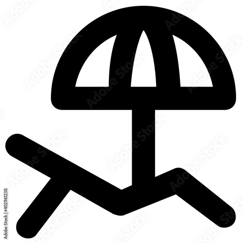 A deckchair with umbrella, symbol of sunbathe. Bold line vector icon