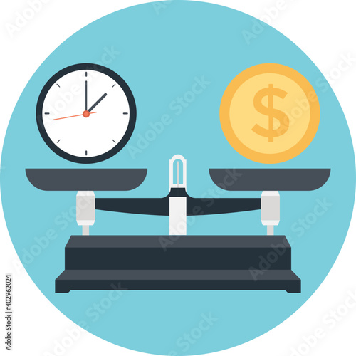 Clock and coin balancing on weighing scale representing time is money. Flat vector illustration 