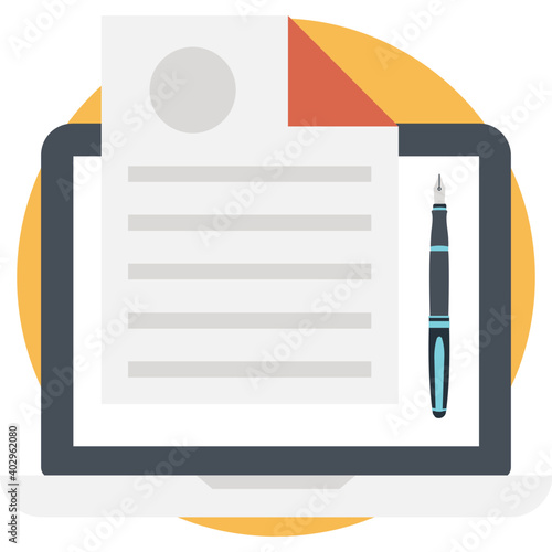 Online document form on computer screen. Vector agreement or contract icon in flat style 