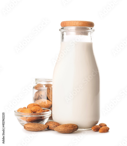 Fotografie Bottle of almond milk isolated on white background
