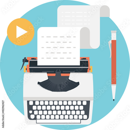 Vector flat illustration of typewriter with documents 
