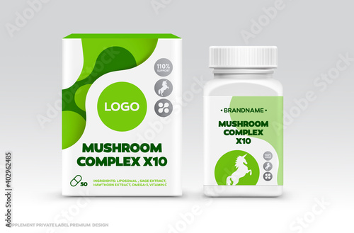 Supplement Food Package Design Template. Private Label Healthy Food Package Design Concept Mockup. Box and Bottle Jar Sticker Mushroom Complex Organic Healthy Supplement Package Design.