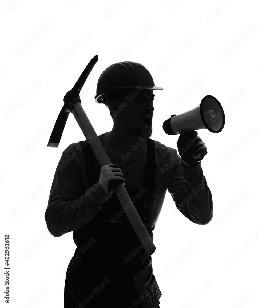 Silhouette of protesting miner man with megaphone on white background Silhouette of protesting miner man with megaphone on white background