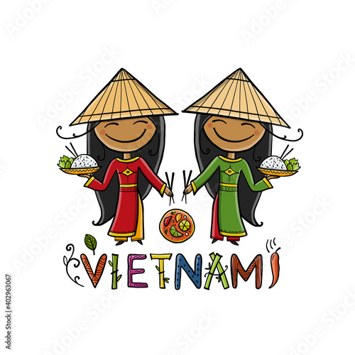 Vietnamese traditional food. Online menu logo. Women in traditional dress with food. Sketch for your design.