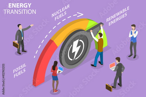 3D Isometric Flat Vector Conceptual Illustration of Energy Transition, Structural Change in an Eenergy System from Fossil Fuels to Renewable Energy.