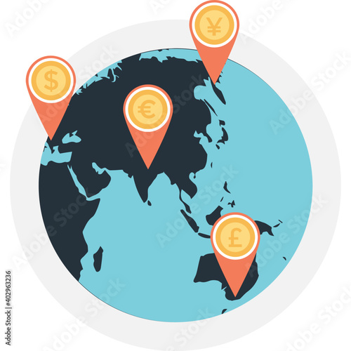 Dollar location pins on earth map. Icon representing profitable places or business location on the globe