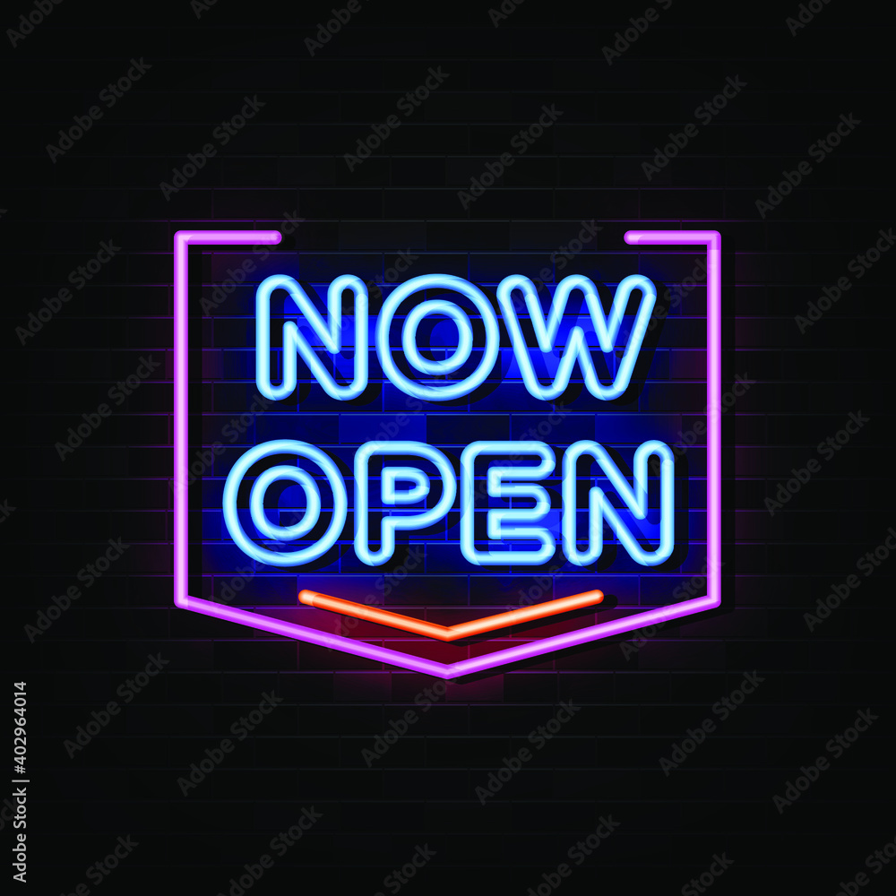 Now Open Neon Signs Vector. Design Template Neon Style