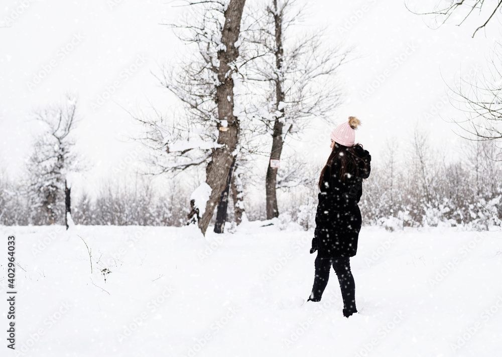 Rear view of brunette woman walking in snowy park in snowfall