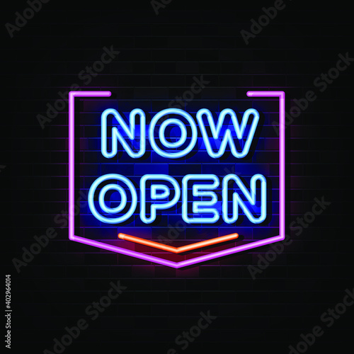Now Open Neon Signs Vector. Design Template Neon Style
