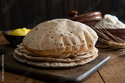 Homemade Indian Roti or Chapati, Indian Bread	 photo