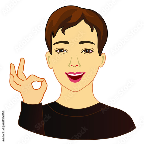 pictogram with character man that is showing ok or okay gesture with thumb touching the index finger, okey  that means everything is alright, simple colored emoticon, vector illustration