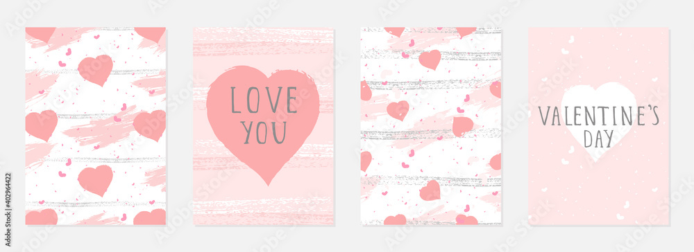 Valentine day cards with watercolor hearts, grunge elements and hand drawn lettering. Vector backgrounds set. Valentine day cards with watercolor hearts, grunge elements and hand drawn lettering. Vector backgrounds set.