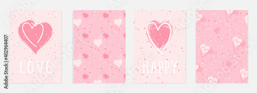 Valentine day cards with watercolor hearts,  grunge elements and hand drawn lettering. Vector backgrounds set.