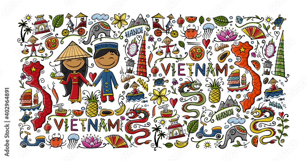 Travel to Vietnam. Frame with traditional Vietnamese cultural symbols. Vietnamese landmarks and lifestyle of people