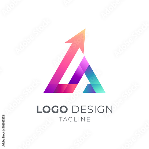 Letter LA monogram logo with up arrow in ribbon 3d concept