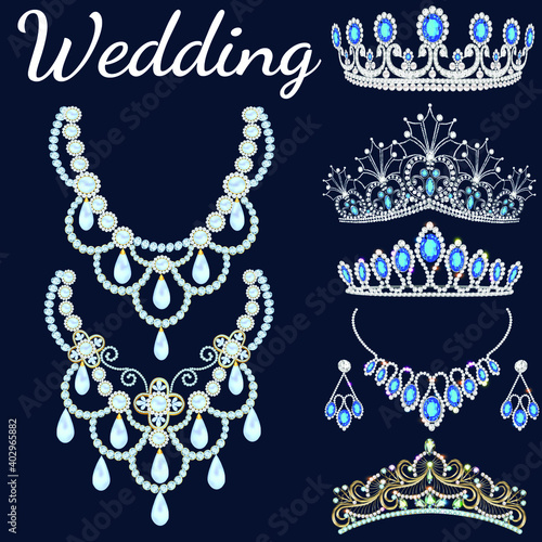 Illustration set of jewelry for wedding. Tiaras, necklaces and earrings