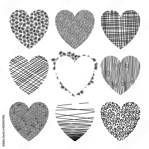 vector set of hearts of different texture, wood texture, pumice texture, lines and cells, circles and strokes