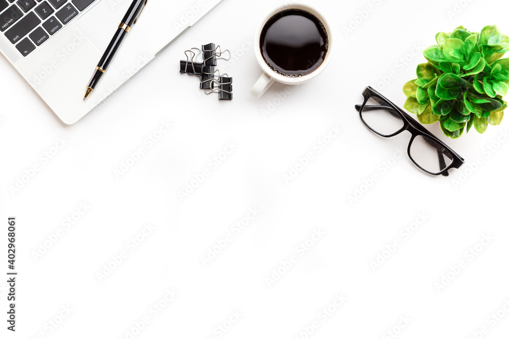Flat lay, top view office table desk. Workspace with, laptop,office supplies, pencil, green leaf, and coffee cup on white background. - obrazy, fototapety, plakaty 
