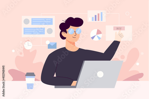 
Content manager at work hand drawn illustration. Multitasking skills concept. Man in charge of SMM strategy processes, cartoon character. Freelance email marketing analyst.