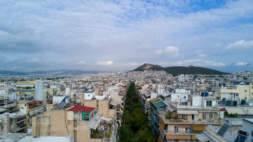 houses in the city, street of Athens, Greece, drone view