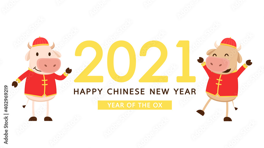 Chinese Happy new year 2021. Happy new year. Year of the Ox. Ox cartoon vector. Ox character design. Chinese Happy new year 2021. Happy new year. Year of the Ox. Ox cartoon vector. Ox character design.