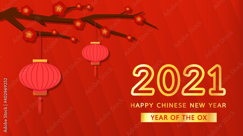 Naklejka premium Chinese Happy new year 2021. Happy new year. Year of the Ox with abstract gold line.