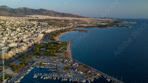 Aerial drone bird s eye view of marina in Athens with docked yachts  Piraeus Harbour port of Athens