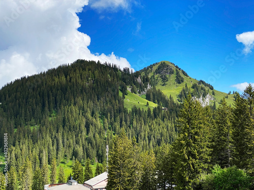 Alpine mountain hills Farenstöckli (Farenstoeckli or Farenstockli) and Roggenstock over the Iberig region and in the Schwyz Alps mountain massif, Oberiberg - Canton of Schwyz, Switzerland (Schweiz) photo