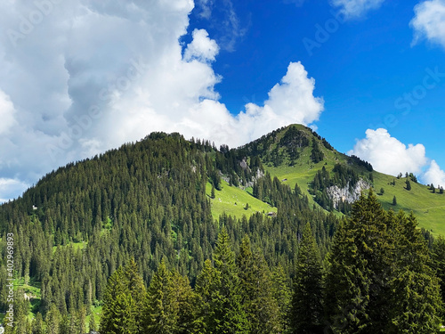 Alpine mountain hills Farenstöckli (Farenstoeckli or Farenstockli) and Roggenstock over the Iberig region and in the Schwyz Alps mountain massif, Oberiberg - Canton of Schwyz, Switzerland (Schweiz) photo