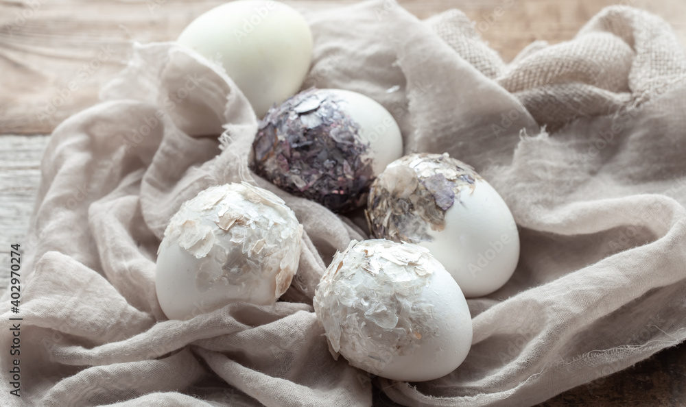 Original decorated Easter eggs close up on sacking cloth. Original decorated Easter eggs close up on sacking cloth.