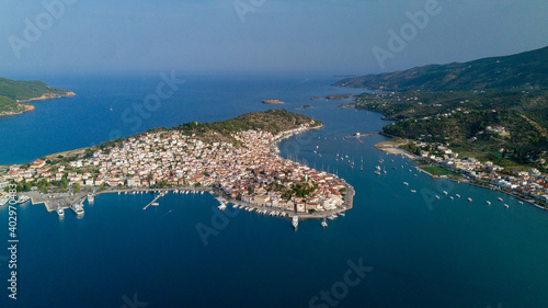 Poros greece. Beautiful island. Aerial photo of travel destination, view from drone