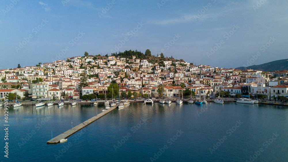 Poros greece. Beautiful island. Sunset. Aerial photo of travel destination, view from drone