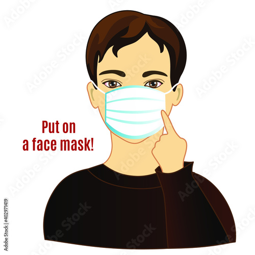 emoticon with a man that points to a protective respiratory mask on his face to protect his from germs, viruses and pandemic diseases so he does not get sick, simple hand drawn vector emoticon