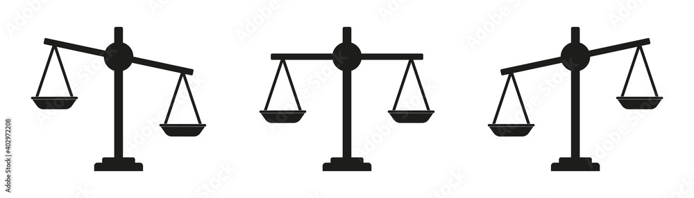 Icon of justice. Scale and balance for law. Integrity for judge. Symbol of legal or litigation. Simple black logos for lawyer, weigh, truth, court and criminal. Equal and imbalance on libra. Vector Icon of justice. Scale and balance for law. Integrity for judge. Symbol of legal or litigation. Simple black logos for lawyer, weigh, truth, court and criminal. Equal and imbalance on libra. Vector