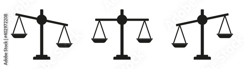 Icon of justice. Scale and balance for law. Integrity for judge. Symbol of legal or litigation. Simple black logos for lawyer, weigh, truth, court and criminal. Equal and imbalance on libra. Vector