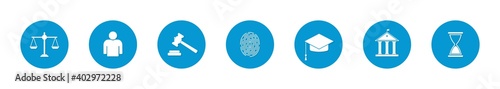 Icon of law, court, lawyer. Set with gavel, judge, fingerprint, justice, courtroom, witness and hourglass for legal office. Symbol for police and business. Badges for legislation and judgment. Vector