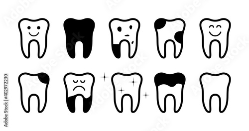 Fototapeta Naklejka Na Ścianę i Meble -  Icon of health tooth and tooth with pain. Clean, broken and caries teeth. Shiny or bad teeth. Black icons in line style. Illustration for dental, care of cavity and treatment of teeth. Vector