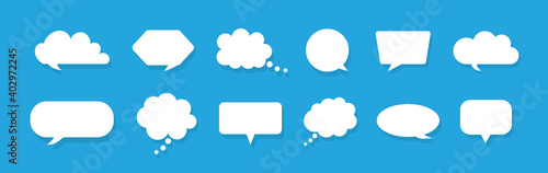 Speech bubbles. Chat for thought and talk. White clouds for comment on blue background. Balloons for speak, dialog and text. Cartoon icons for message and announcement in flat style. Vector