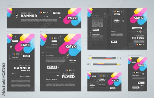 Сmyk polygraphy print theme Set flyer cover, tri-fold, banner, roll up banner, business card green color