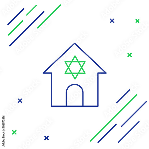 Line Jewish synagogue building or jewish temple icon isolated on white background. Hebrew or judaism construction with David star. Colorful outline concept. Vector.