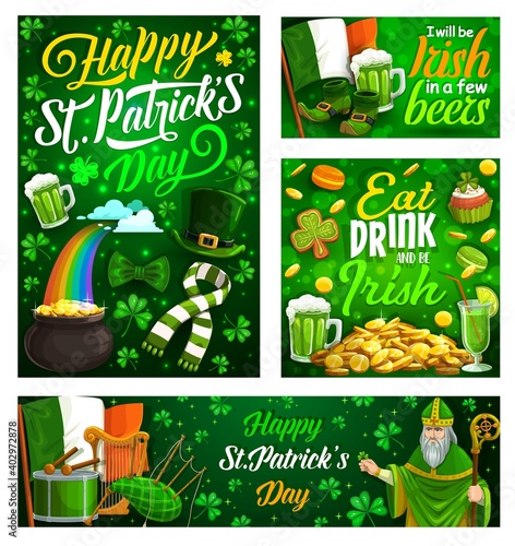Irish St. Patricks Day religion holiday vector design. Leprechaun hat, shamrock leaves and gold, lucky clover, green beer and golden coins in pot on rainbow, flag of Ireland, drum and harp