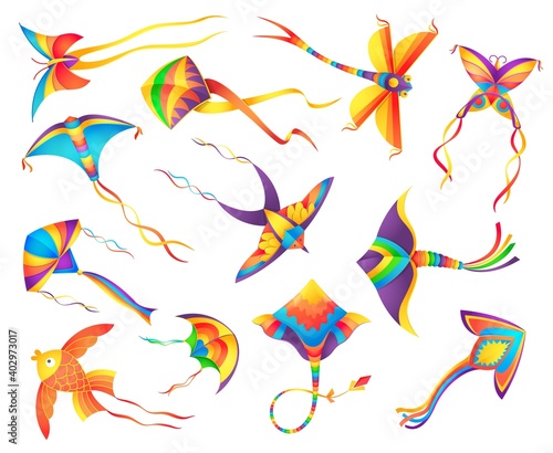 Flying paper kites decorated colorful ribbons set. Kids toys, Indian Makar Sankranti festival symbols, butterfly, dragonfly and bird, golden fish shape kites cartoon vector
