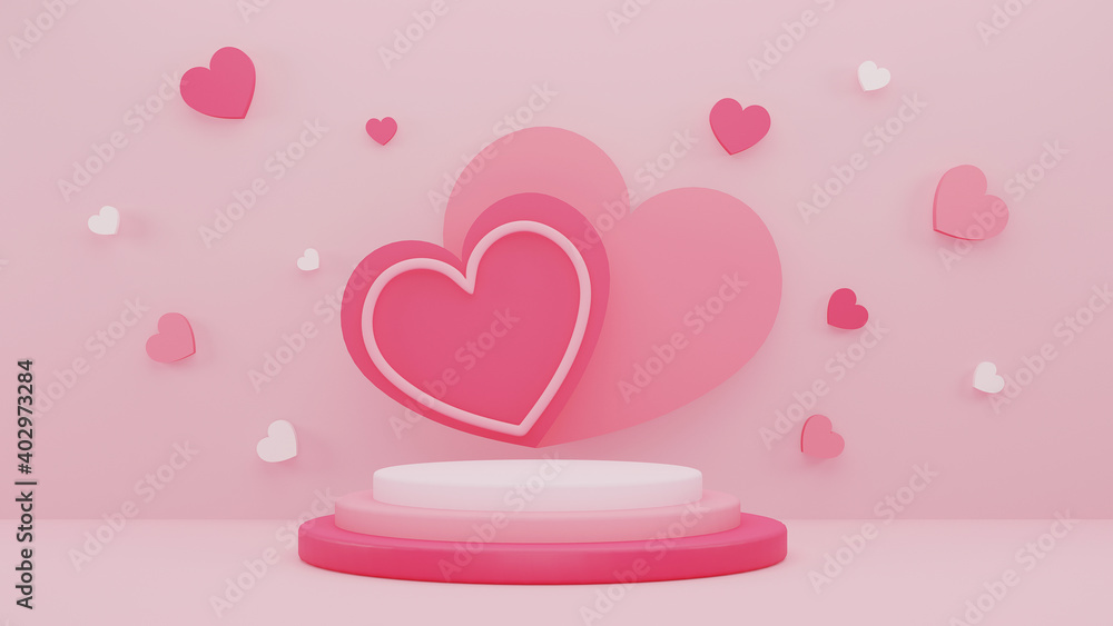 3d Illustration design with pink heart background with display stand for Valentine's day
