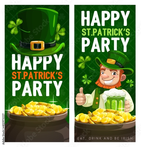 St. Patrick Day cartoon vector banners with leprechaun in green top hat show thumb up drinking ale near pot with gold and shamrocks. Ireland beer Saint Patricks day traditional festival, celtic party